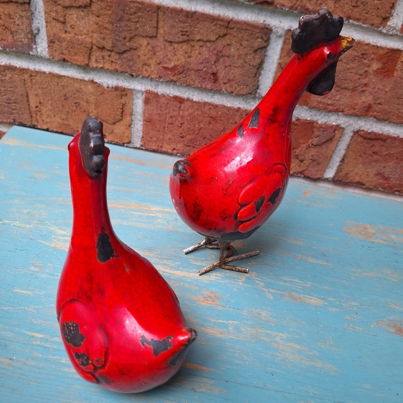Chickens Rooster Bird Figurines Set of 2 Glazed Pottery Clay Crackled Vintage - Picture 7 of 17